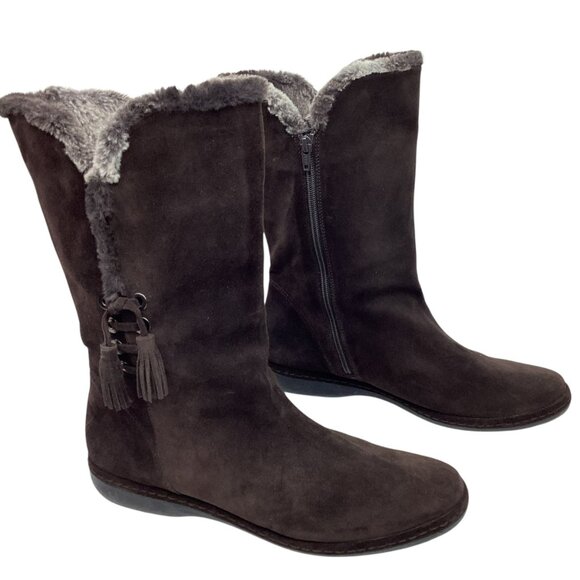 Stuart Weitzman Suede Mid-Calf Tassel Womens 10.5M Boots Zip Faux Fur Brown - Picture 7 of 14